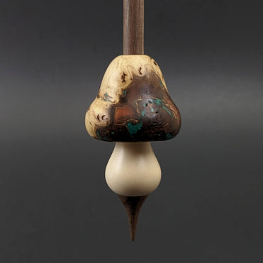 Mushroom support spindle in elm burl, holly, and walnut with malachite inlay