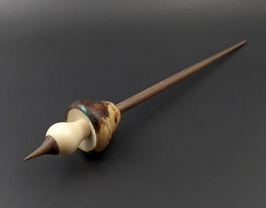 Mushroom support spindle in elm burl, holly, and walnut with malachite inlay