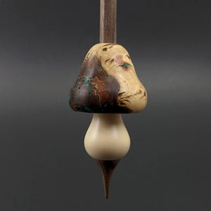 Mushroom support spindle in elm burl, holly, and walnut with malachite inlay