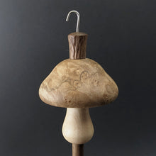 Load image into Gallery viewer, Mushroom drop spindle in maple burl, curly maple, and walnut