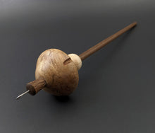 Load image into Gallery viewer, Mushroom drop spindle in maple burl, curly maple, and walnut