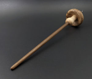 Mushroom drop spindle in maple burl, curly maple, and walnut
