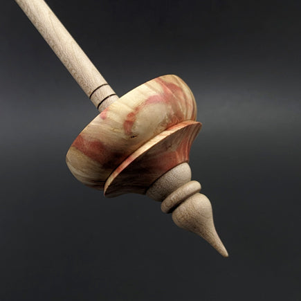 Tibetan style spindle in flame box elder burl and curly maple