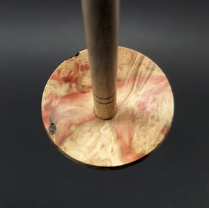 Tibetan style spindle in flame box elder burl and curly maple
