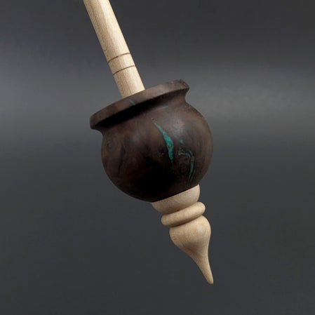 Cauldron spindle in walnut burl and curly maple with malachite inlay