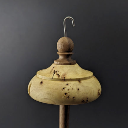 Drop spindle in elm burl and walnut