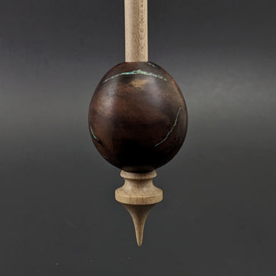 Egg bead spindle in walnut burl and curly maple with turquoise inlay
