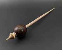 Load image into Gallery viewer, Egg bead spindle in walnut burl and curly maple with turquoise inlay