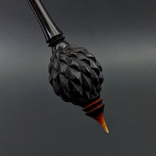 Load image into Gallery viewer, Dragon egg bead spindle in African blackwood and hand dyed curly maple