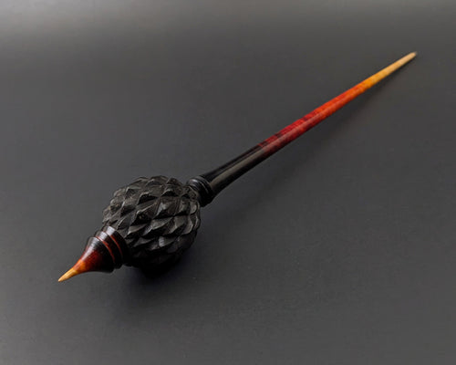 Dragon egg bead spindle in African blackwood and hand dyed curly maple