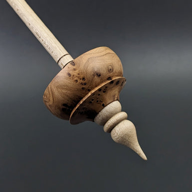 Tibetan style spindle in elm burl and curly maple