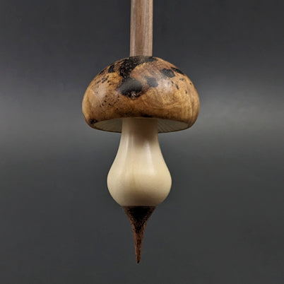 Mushroom support spindle in maple burl, holly, and walnut