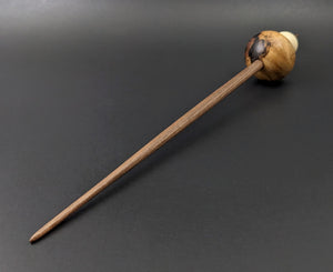 Mushroom support spindle in maple burl, holly, and walnut