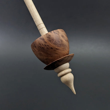 Teacup spindle in redwood lace burl and curly maple