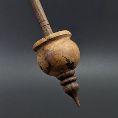 Cauldron spindle in redbud burl and walnut with malachite inlay