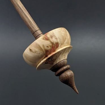 Tibetan style spindle in flame box elder burl and walnut