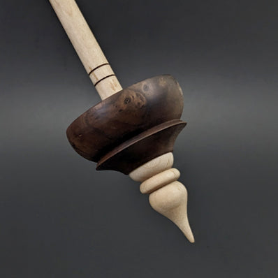 Tibetan style spindle in walnut burl and curly maple