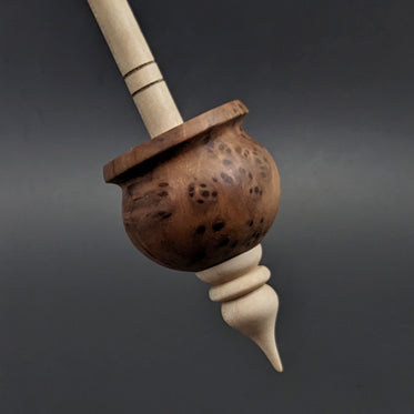 Cauldron spindle in redwood lace burl and curly maple