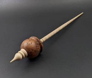 Cauldron spindle in redwood lace burl and curly maple