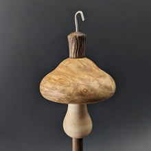Load image into Gallery viewer, Mushroom drop spindle in maple burl, curly maple, and walnut