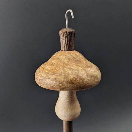 Mushroom drop spindle in maple burl, curly maple, and walnut