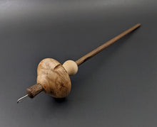 Load image into Gallery viewer, Mushroom drop spindle in maple burl, curly maple, and walnut