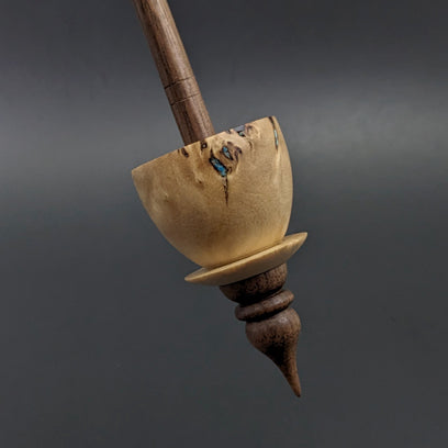 Teacup spindle in mappa burl and walnut with turquoise inlay