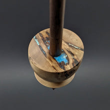 Load image into Gallery viewer, Teacup spindle in mappa burl and walnut with turquoise inlay