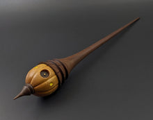 Load image into Gallery viewer, Pumpkin wee folk spindle in osage orange and walnut (&lt;font color=&quot;red&quot;&lt;b&gt;RESERVED&lt;/b&gt;&lt;/font&gt; for Mandy)