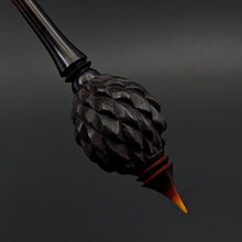Load image into Gallery viewer, Dragon egg bead spindle in African blackwood and hand dyed curly maple
