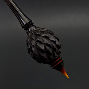 Dragon egg bead spindle in African blackwood and hand dyed curly maple