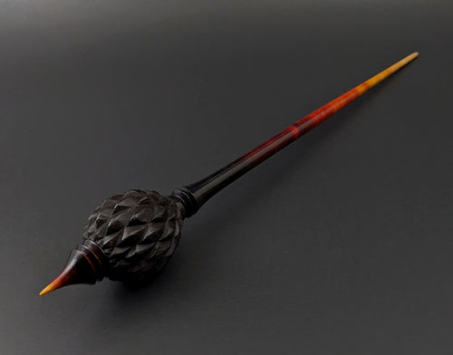 Dragon egg bead spindle in African blackwood and hand dyed curly maple