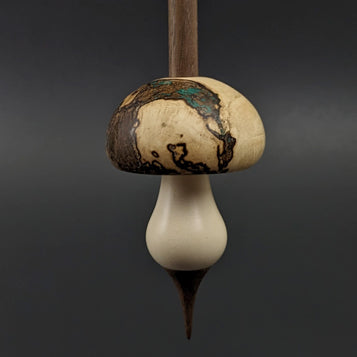 Mushroom support spindle in spalted maple, holly, and walnut with malachite inlay