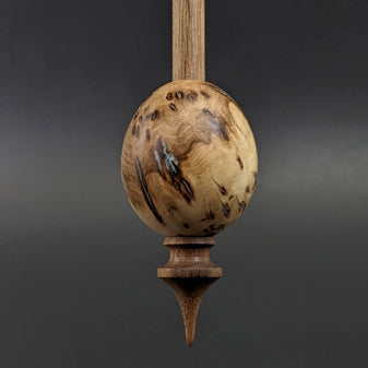 Egg bead spindle in elm burl and walnut with turquoise inlay
