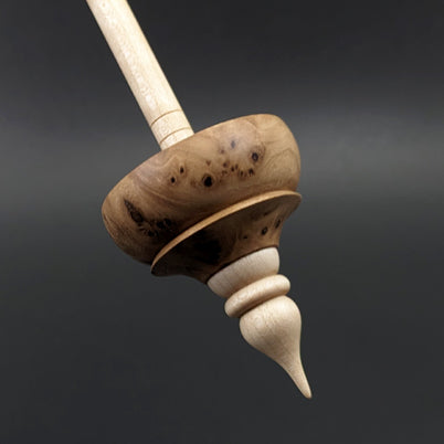 Tibetan style spindle in elm burl and curly maple