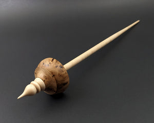 Tibetan style spindle in elm burl and curly maple