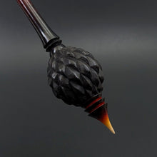 Load image into Gallery viewer, Dragon egg bead spindle in African blackwood and hand dyed curly maple