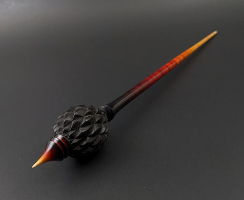 Dragon egg bead spindle in African blackwood and hand dyed curly maple