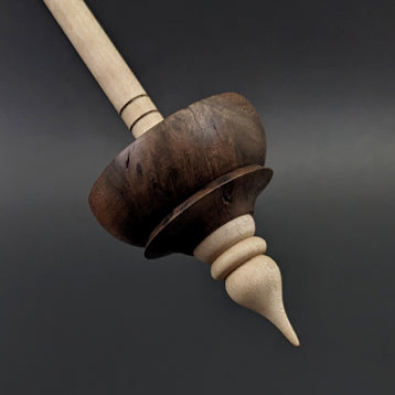 Tibetan style spindle in walnut burl and curly maple