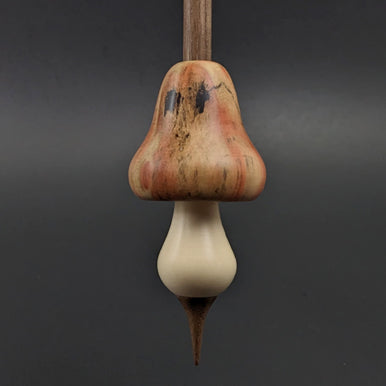 Mushroom support spindle in flame box elder, holly, and walnut