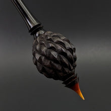 Load image into Gallery viewer, Dragon egg bead spindle in African blackwood and hand dyed curly maple