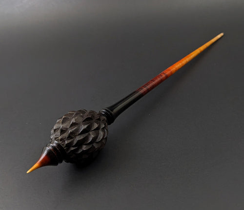 Dragon egg bead spindle in African blackwood and hand dyed curly maple