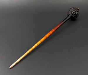Dragon egg bead spindle in African blackwood and hand dyed curly maple
