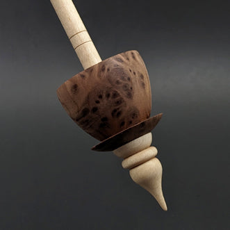 Teacup spindle in redwood lace burl and curly maple