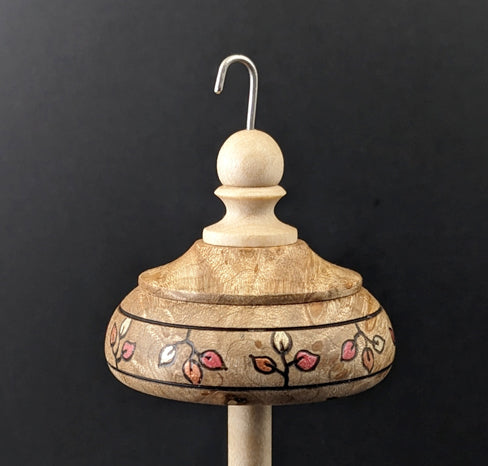 Drop spindle in maple burl and curly maple