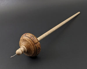 Drop spindle in maple burl and curly maple