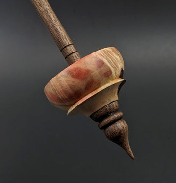Tibetan style spindle in flame box elder burl and walnut