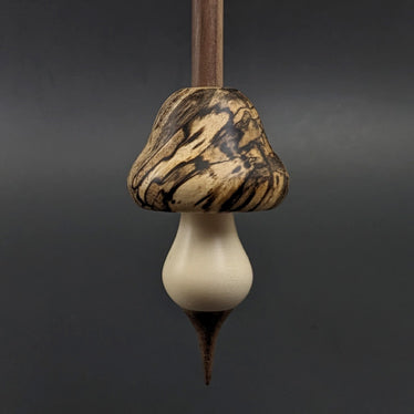Mushroom support spindle in spalted hackberry, holly, and walnut