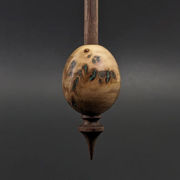 Egg bead spindle in elm burl and walnut with malachite inlay