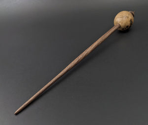 Egg bead spindle in elm burl and walnut with malachite inlay